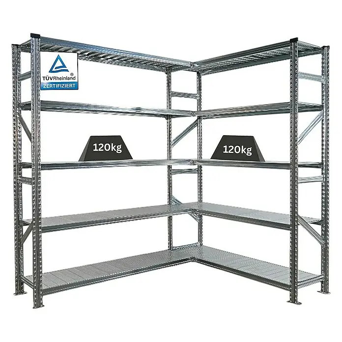 Proregal Eckregal PROXIMO - H x B x T: 200 x 150 x 50 cm, Traglast pro Boden: 100 kg, Anzahl Böden: 5 Stk., Stecken, Verzinkt - Eckregal aus Metall mit TÜV-Zertifizierung und einer Traglast von 120kg pro Ebene für Lager und Werkstatt.