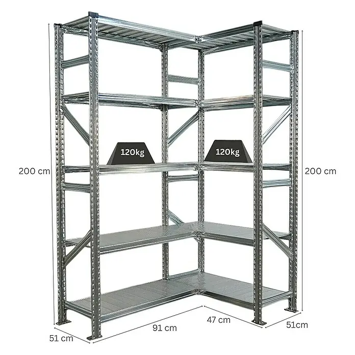 Proregal Eckregal PROXIMO - Traglast pro Boden: 100 kg, Anzahl Böden: 5 Stk., Stecken, Verzinkt - Eckregal aus Metall mit mehreren Ebenen, ideal für Lagerung. Die Regale sind mit bis zu 120 kg belastbar.