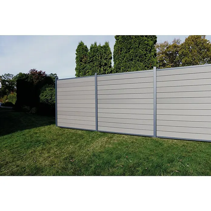 Joda Sichtschutzelement Kingston Einzelprofil Maß: ca. 20x147 mm - B x H: 183 x 178 cm, Aluminium, Steingrau - Eine moderne, graue Sichtschutzwand aus Holzimitat, die sich perfekt in jeden Garten einfügt und Privatsphäre bietet.