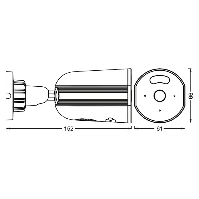 Osram Smart+ Überwachungskamera Outdoor Fixed - Passend für: Alarmsystem, Smart Home System - Abbildung einer Überwachungskamera mit detaillierten Maßangaben, die die Größe und Abmessungen des Geräts veranschaulichen.