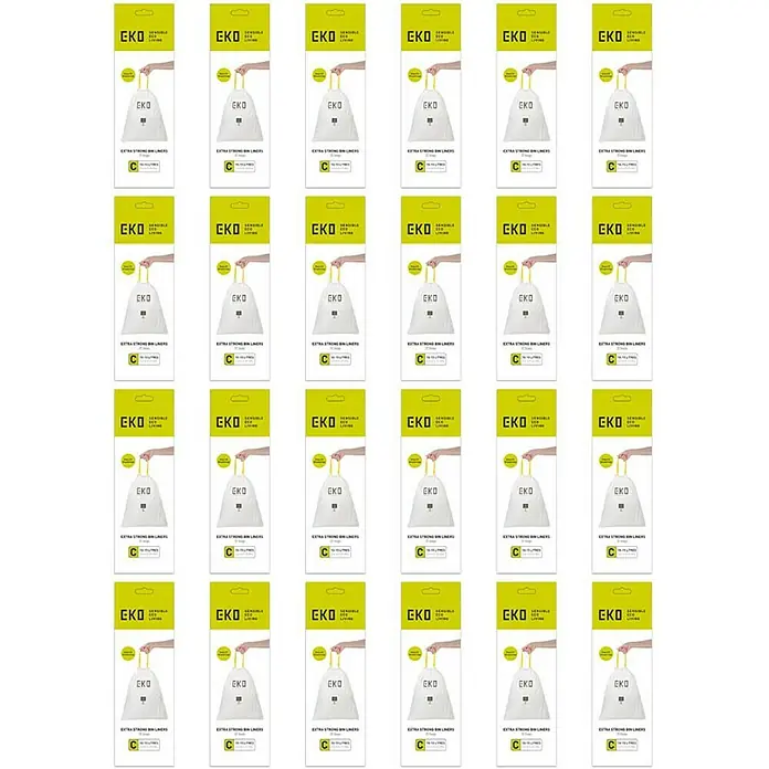 Proregal Müllbeutel Extra starke perfekt passende Abfallbeutel mit Zuggurt - 15 l, 480 Stk., Weiß - Eine Ansicht von 30 Packungen EKO Extra Strong Bin Liners Größe C, die sich ideal für Mülltonnen von 10 bis 15 Litern eignen.