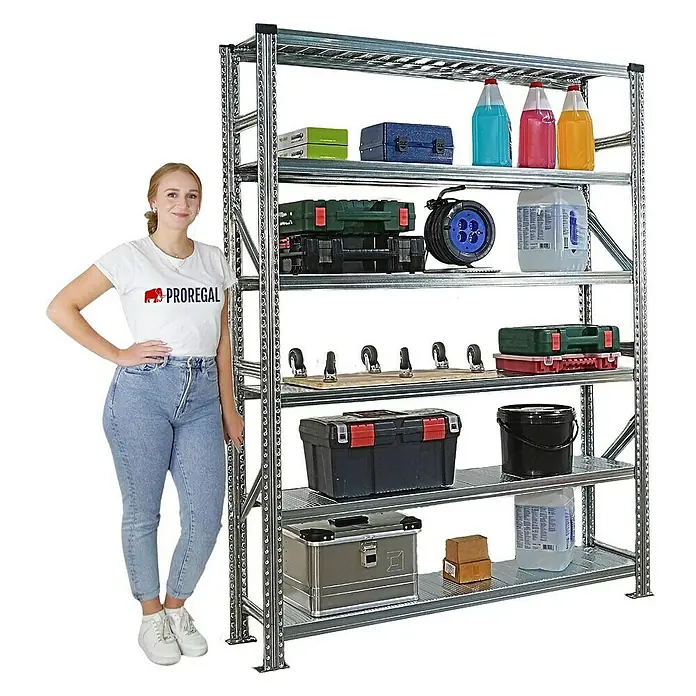 Proregal Metallregal Fachbodenregal PROXIMO 1x Grundregal + 4x Anbauregal - Traglast pro Boden: 200 kg, Anzahl Böden: 6 Stk., Stecken, Verzinkt - Ein großes, verzinktes Regal mit fünf Ebenen, das mit verschiedenen Werkzeugen und Behältern gefüllt ist. Eine Frau steht daneben.