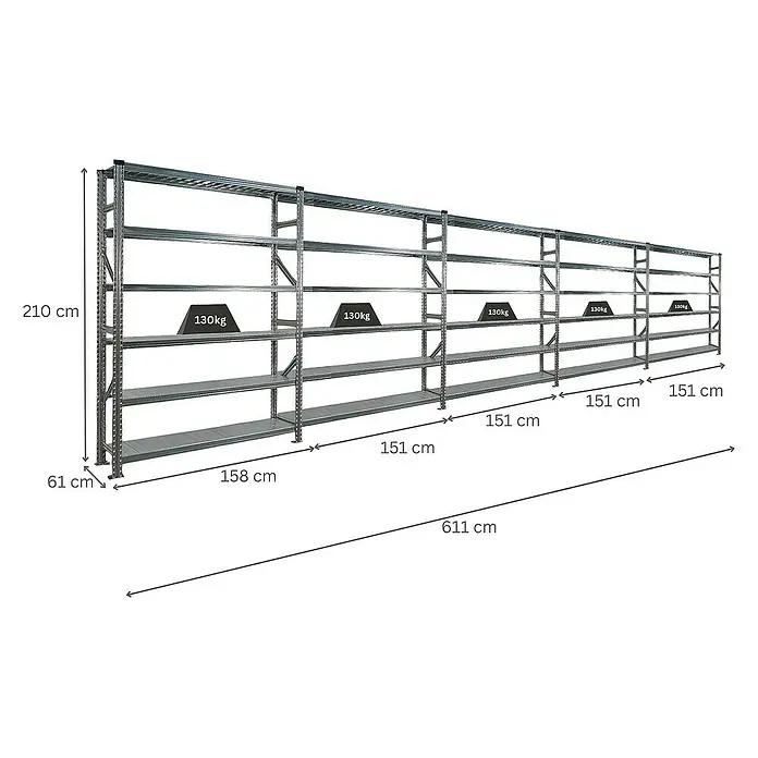 Proregal Metallregal Fachbodenregal PROXIMO 1x Grundregal + 4x Anbauregal - Traglast pro Boden: 200 kg, Anzahl Böden: 6 Stk., Stecken, Verzinkt - Langes, graues Lagerregal mit mehreren Fächern und einer Traglast von 130 kg pro Fach zur idealen Lagerung.