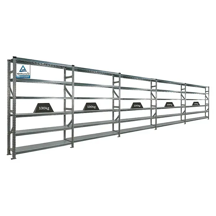 Proregal Metallregal Fachbodenregal PROXIMO 1x Grundregal + 4x Anbauregal - Traglast pro Boden: 200 kg, Anzahl Böden: 6 Stk., Stecken, Verzinkt - Regal mit fünf Fächern und einer Traglast von 130 kg pro Fach für eine effiziente Lagerung von Gütern.