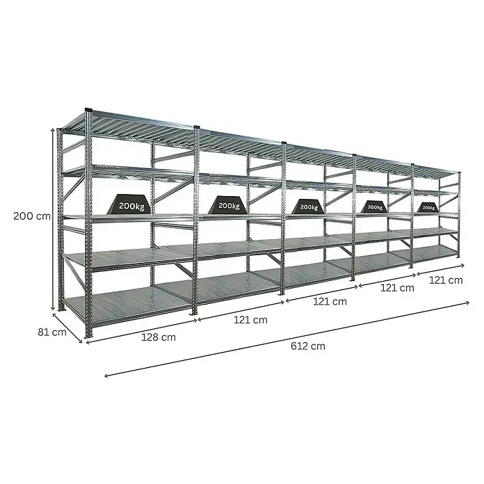 Proregal Metallregal Fachbodenregal PROXIMO 1x Grundregal + 4x Anbauregal - Traglast pro Boden: 200 kg, Anzahl Böden: 5 Stk., Stecken, Verzinkt - Ein langer, grauer Metallregal mit vier Ebenen und Gewichtsangaben, ideal zur Lagerung schwerer Gegenstände in Lagerhallen oder Werkstätten.