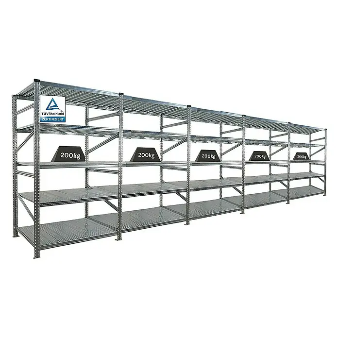 Proregal Metallregal Fachbodenregal PROXIMO 1x Grundregal + 4x Anbauregal - Traglast pro Boden: 200 kg, Anzahl Böden: 5 Stk., Stecken, Verzinkt - Schwerlastregal mit mehreren Ebenen und Gewichtsangabe auf jeder Ebene.