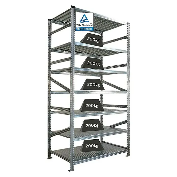 Proregal Metallregal Fachbodenregal PROXIMO Grundregal - Traglast pro Boden: 200 kg, Anzahl Böden: 7 Stk., Stecken, Verzinkt - Metallregal mit sechs Regalböden, jeweils mit 200 kg Gewicht belastet, zertifiziert von TÜV Rheinland für hohe Stabilität.