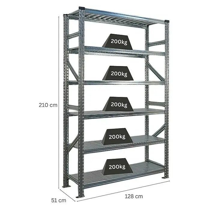Proregal Metallregal Fachbodenregal PROXIMO Grundregal - Traglast pro Boden: 200 kg, Anzahl Böden: 6 Stk., Stecken, Verzinkt - Metallregal mit fünf Ebenen, jede belastbar mit 200 kg, ideal für Lagerung und Ordnung.