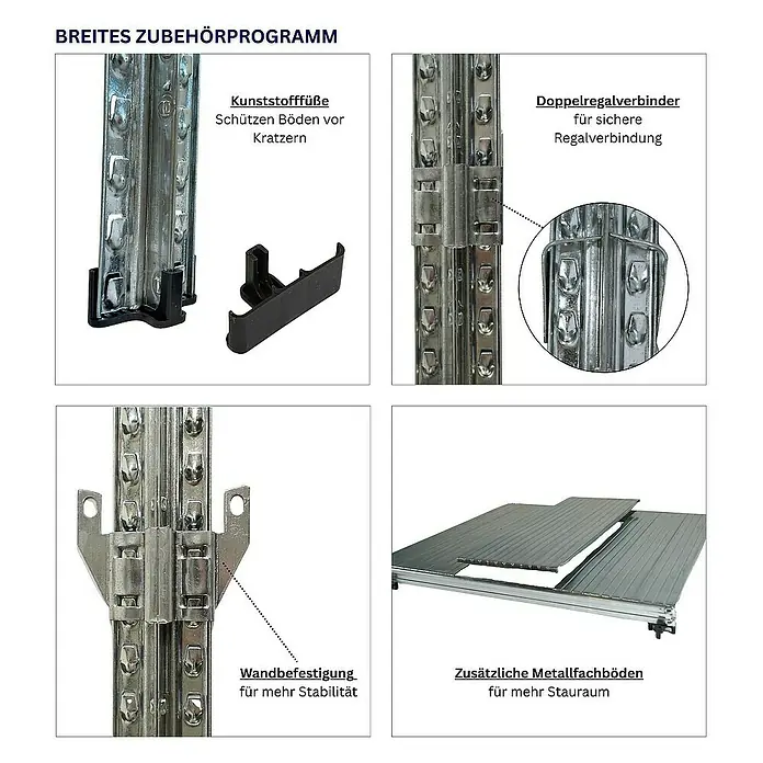 Proregal Metallregal Fachbodenregal PROXIMO Grundregal - Traglast pro Boden: 200 kg, Anzahl Böden: 7 Stk., Stecken, Verzinkt - Zubehörprogramm für Regale: Kunststofffüße zum Schutz, Doppelregalverbinder für sicheren Halt, Wandbefestigung & Metallfachböden für Stauraum.