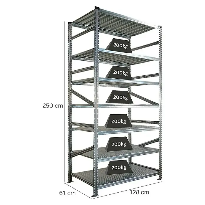 Proregal Metallregal Fachbodenregal PROXIMO Grundregal - Traglast pro Boden: 200 kg, Anzahl Böden: 7 Stk., Stecken, Verzinkt - Ein robustes Metallregal mit sechs Ebenen, jede belastbar bis 200 kg, ideal für Lagerung und Organisation.