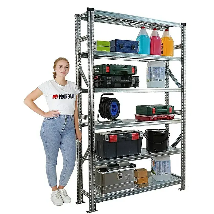 Proregal Metallregal Fachbodenregal PROXIMO 1x Grundregal + 4x Anbauregal - Traglast pro Boden: 200 kg, Anzahl Böden: 6 Stk., Stecken, Verzinkt - Ein robustes Metallregal mit fünf Ebenen, beladen mit verschiedenen Behältern und Werkzeugen, neben einer Frau zur Größenorientierung.