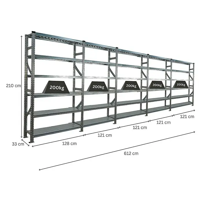 Proregal Metallregal Fachbodenregal PROXIMO 1x Grundregal + 4x Anbauregal - Traglast pro Boden: 200 kg, Anzahl Böden: 6 Stk., Stecken, Verzinkt - Abbildung eines Schwerlastregals mit mehreren Ebenen und Gewichten, das für Lagerzwecke in Werkstätten oder Lagerräumen geeignet ist.