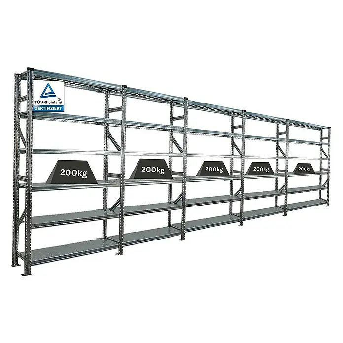 Proregal Metallregal Fachbodenregal PROXIMO 1x Grundregal + 4x Anbauregal - Traglast pro Boden: 200 kg, Anzahl Böden: 6 Stk., Stecken, Verzinkt - TÜV-Rheinland zertifiziertes Schwerlastregal mit 5 Fächern und einer Traglast von 200 kg pro Fach für Lager und Werkstatt.
