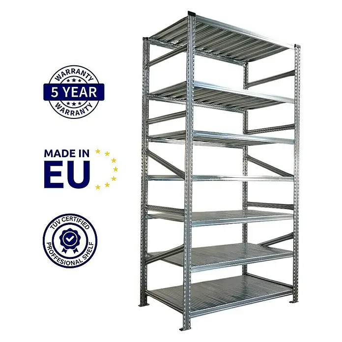 Proregal Metallregal Fachbodenregal PROXIMO Grundregal - Traglast pro Boden: 200 kg, Anzahl Böden: 7 Stk., Stecken, Verzinkt - Ein großes Metallregal mit sechs Ebenen, ideal für Lagerung und Organisation, mit Garantie und Qualitätszertifikat.
