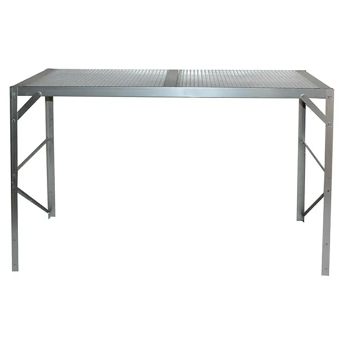 Vitavia Anzuchttisch II - 54 x 121 x 76 cm, Aluminium - Eine silberne, klappbare Arbeitsbühne aus Metall, ideal für Handwerker. Die Plattform ist rutschfest und robust.