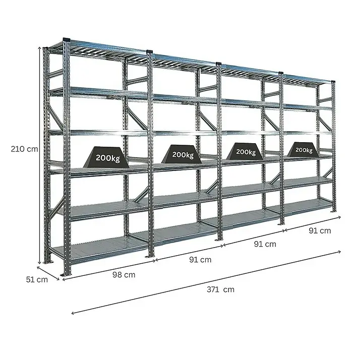 Proregal Metallregal Fachbodenregal PROXIMO 1x Grundregal + 3x Anbauregal - Traglast pro Boden: 200 kg, Anzahl Böden: 6 Stk., Stecken, Verzinkt - Das Bild zeigt ein Schwerlastregal aus Metall mit mehreren Ebenen, teilweise beladen mit Gewichten. Die Maße des Regals sind angegeben.