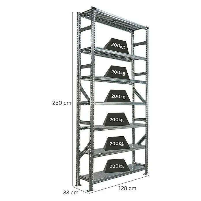 Proregal Metallregal Fachbodenregal PROXIMO Grundregal - Traglast pro Boden: 200 kg, Anzahl Böden: 7 Stk., Stecken, Verzinkt - Ein Regal mit sechs Regalböden, beladen mit Gewichten, mit den Maßen 250 cm Höhe, 128 cm Breite und 33 cm Tiefe.