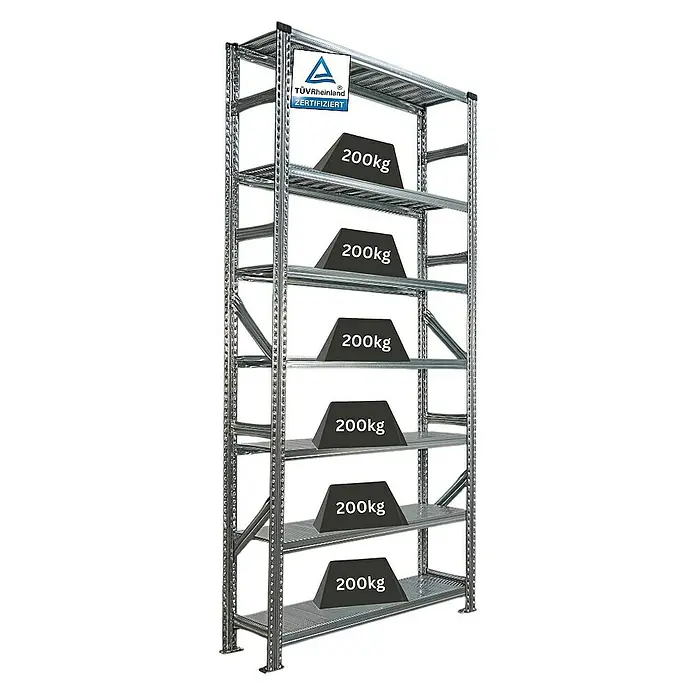 Proregal Metallregal Fachbodenregal PROXIMO Grundregal - Traglast pro Boden: 200 kg, Anzahl Böden: 7 Stk., Stecken, Verzinkt - Belastbares Metallregal mit sechs Ebenen, jede mit 200 kg Gewichten, TÜV-Rheinland zertifiziert für sichere Lagerung.
