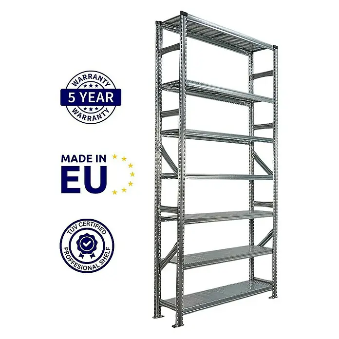 Proregal Metallregal Fachbodenregal PROXIMO Grundregal - Traglast pro Boden: 200 kg, Anzahl Böden: 7 Stk., Stecken, Verzinkt - Bild eines verzinkten Lagerregals mit sechs Ebenen und Garantie- und Herkunftssiegeln.
