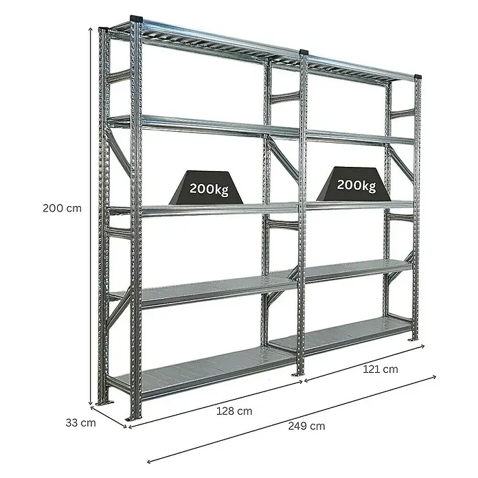 Proregal Metallregal Fachbodenregal PROXIMO 1x Grundregal + 1x Anbauregal - Traglast pro Boden: 200 kg, Anzahl Böden: 5 Stk., Stecken, Verzinkt - Metallregal mit 200kg Lasten.