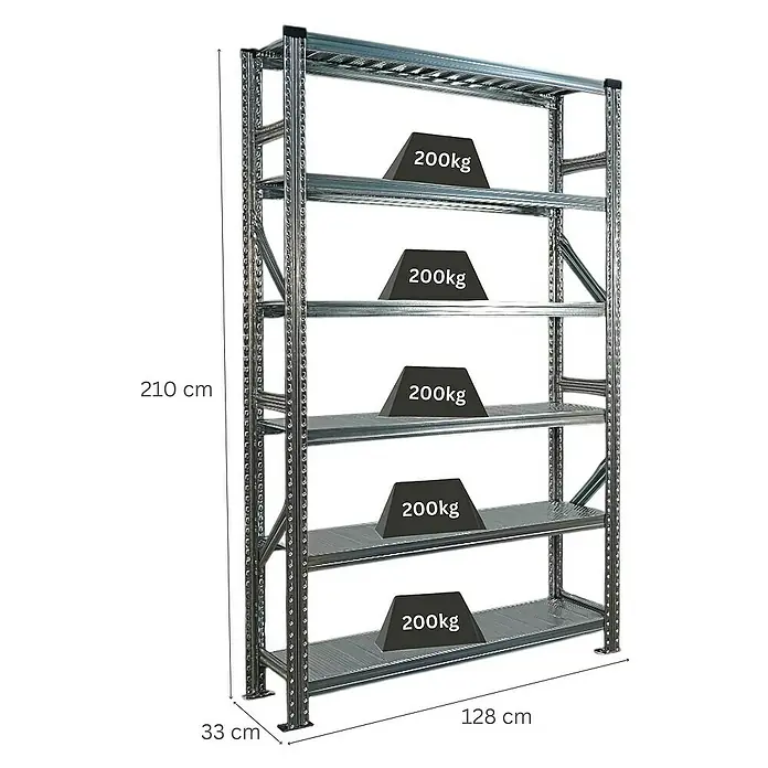 Proregal Metallregal Fachbodenregal PROXIMO Grundregal - Traglast pro Boden: 200 kg, Anzahl Böden: 6 Stk., Stecken, Verzinkt - Metallregal mit fünf Regalböden und Gewichtsangaben.