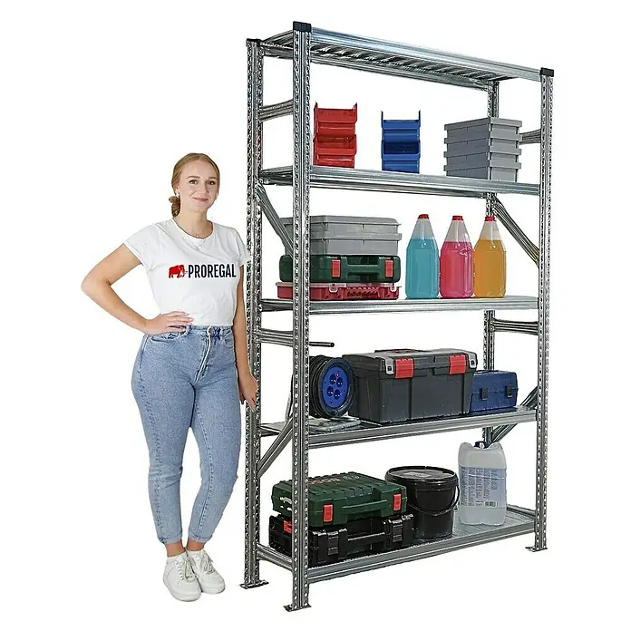 Proregal Metallregal Fachbodenregal PROXIMO 1x Grundregal + 1x Anbauregal - Traglast pro Boden: 200 kg, Anzahl Böden: 5 Stk., Stecken, Verzinkt - Ein vielseitiges, robustes Metallregal mit fünf Ebenen, ideal für Lagerung und Organisation verschiedener Gegenstände.