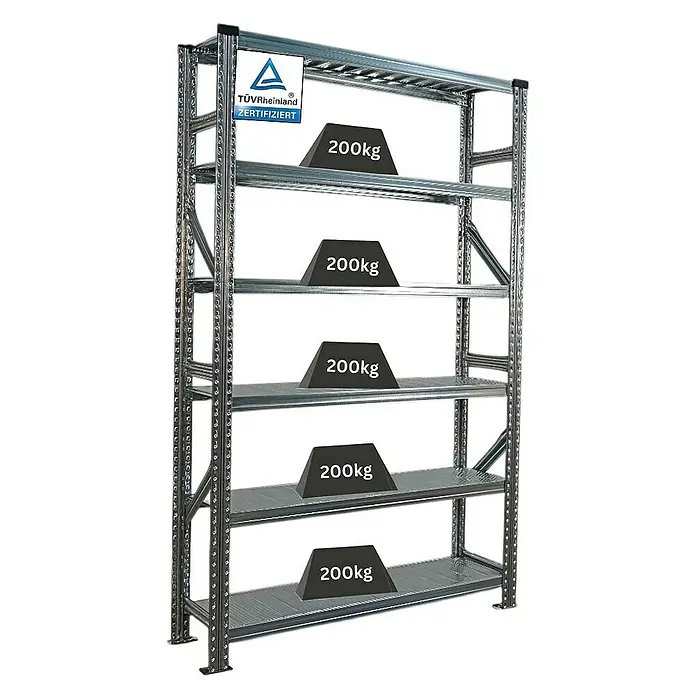 Proregal Metallregal Fachbodenregal PROXIMO Grundregal - Traglast pro Boden: 200 kg, Anzahl Böden: 6 Stk., Stecken, Verzinkt - Metallregal mit fünf Ebenen und TÜV-Zertifizierung, jede Ebene mit 200 kg belastet für hohe Stabilität und Sicherheit.