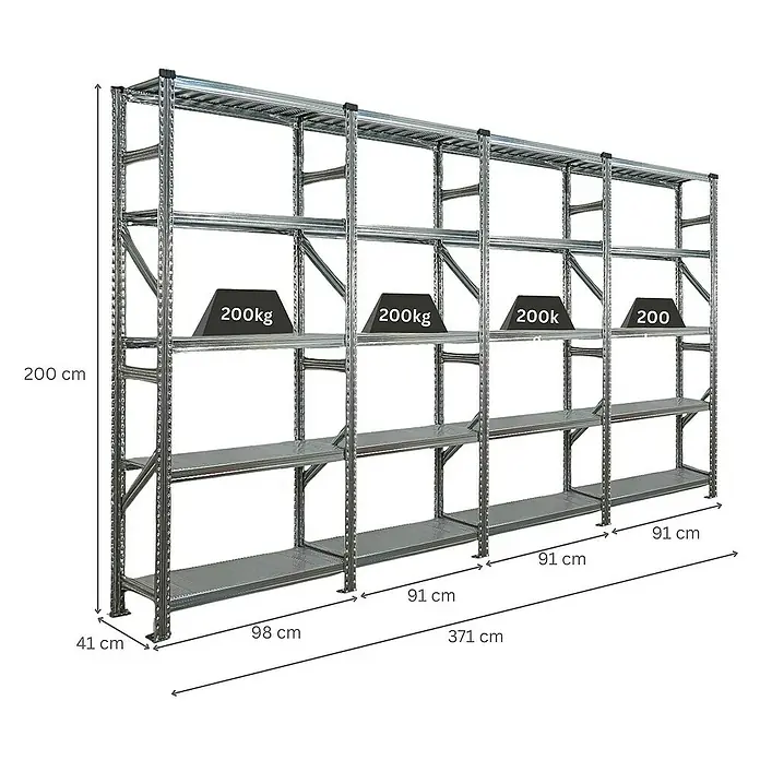 Proregal Metallregal Fachbodenregal PROXIMO 1x Grundregal + 3x Anbauregal - Traglast pro Boden: 200 kg, Anzahl Böden: 5 Stk., Stecken, Verzinkt - Abbildung eines robusten Schwerlastregals mit vier Ebenen, ideal für Lagerung und Organisation, mit Gewichtsangaben und Abmessungen.