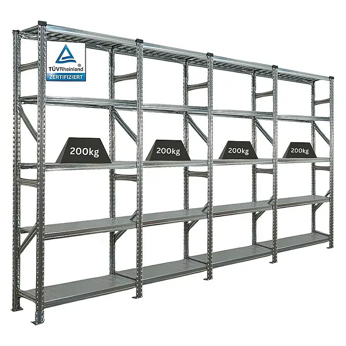 Proregal Metallregal Fachbodenregal PROXIMO 1x Grundregal + 3x Anbauregal - Traglast pro Boden: 200 kg, Anzahl Böden: 5 Stk., Stecken, Verzinkt - Metallregal mit mehreren Ebenen, zertifiziert von TÜV Rheinland und belastbar bis 200 kg pro Ebene für schwere Lagergüter.
