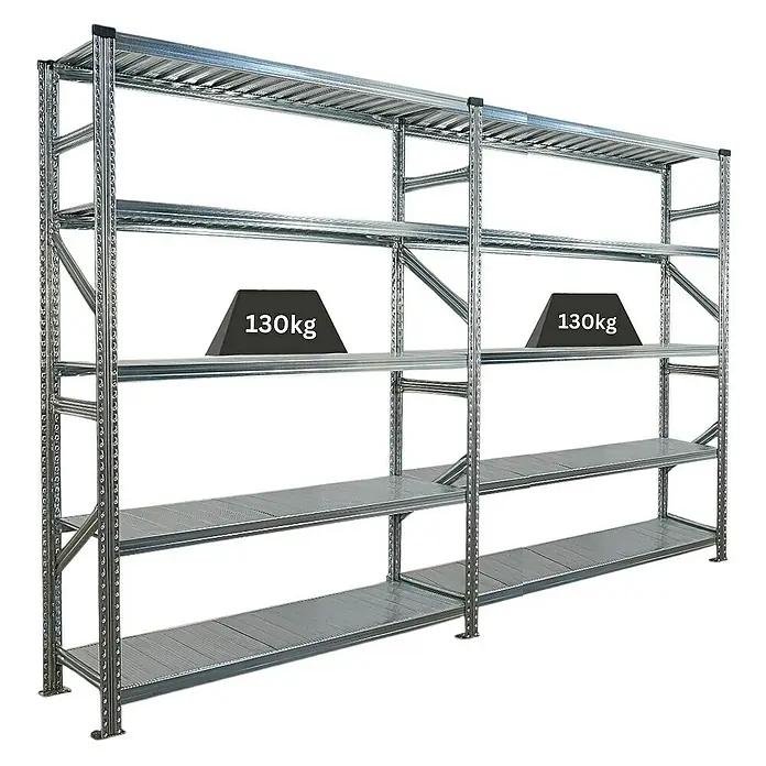 Proregal Metallregal Fachbodenregal PROXIMO 1x Grundregal + 1x Anbauregal - Traglast pro Boden: 130 kg, Anzahl Böden: 5 Stk., Stecken, Verzinkt - Dieses Bild zeigt ein Metallregal mit vier Ebenen und einer Gewichtsangabe von 130 kg auf einer der Ebenen.