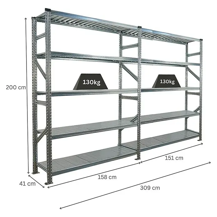 Proregal Metallregal Fachbodenregal PROXIMO 1x Grundregal + 1x Anbauregal - Traglast pro Boden: 130 kg, Anzahl Böden: 5 Stk., Stecken, Verzinkt - Abbildung eines Metallregalsystems mit vier Regalebenen, Maße und Gewichtsbeschriftung.