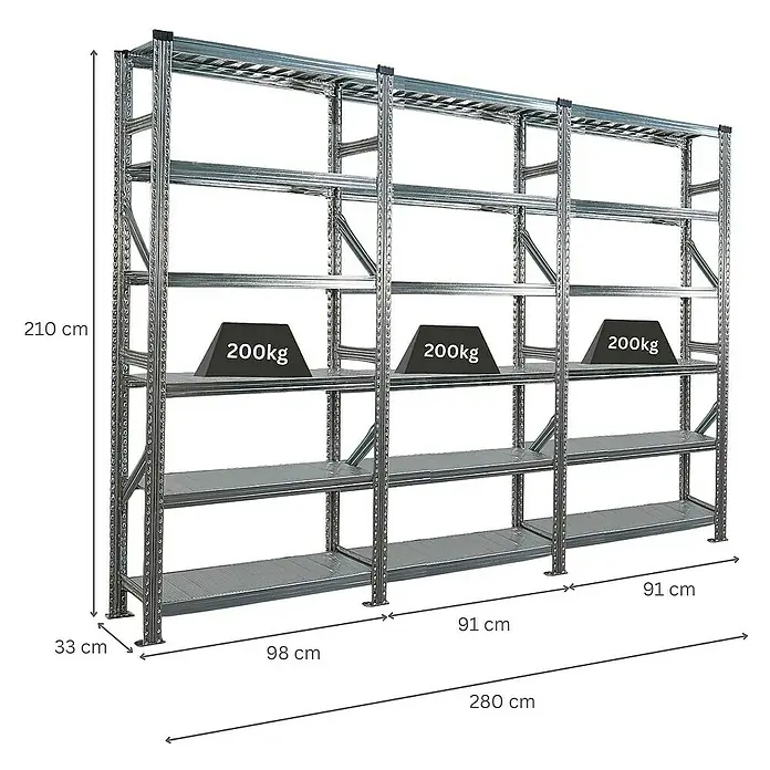 Proregal Metallregal Fachbodenregal PROXIMO 1x Grundregal + 2x Anbauregal - Traglast pro Boden: 200 kg, Anzahl Böden: 6 Stk., Stecken, Verzinkt - Dreireihiges, silberfarbenes Schwerlastregal mit Gewichtsangaben.
