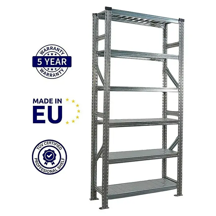 Proregal Metallregal Fachbodenregal PROXIMO 1x Grundregal + 2x Anbauregal - Traglast pro Boden: 200 kg, Anzahl Böden: 6 Stk., Stecken, Verzinkt - Ein robustes Metallregal mit fünf Regalböden, ideal für Lagerung und Organisation. Das Regal ist TÜV-zertifiziert und hat eine 5-Jahres-Garantie.