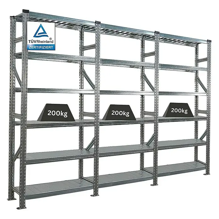 Proregal Metallregal Fachbodenregal PROXIMO 1x Grundregal + 2x Anbauregal - Traglast pro Boden: 200 kg, Anzahl Böden: 6 Stk., Stecken, Verzinkt - Bild eines Schwerlastregals mit drei Ebenen und einer TÜV Rheinland Zertifizierung, auf denen jeweils Gewichte von 200 kg liegen.