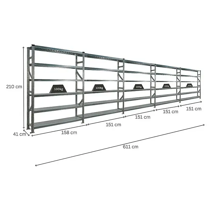 Proregal Metallregal Fachbodenregal PROXIMO 1x Grundregal + 4x Anbauregal - Traglast pro Boden: 200 kg, Anzahl Böden: 6 Stk., Stecken, Verzinkt - Aufnahme eines langen Regalsystems mit mehreren Ebenen, geeignet für Lagerung und Organisation mit Gewichtsangaben.