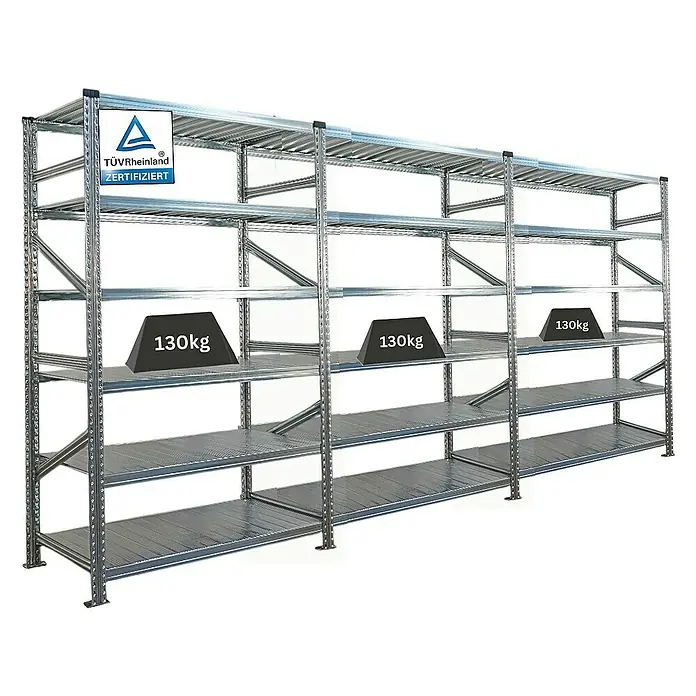 Proregal Metallregal Fachbodenregal PROXIMO 1x Grundregal + 2x Anbauregal - Traglast pro Boden: 200 kg, Anzahl Böden: 6 Stk., Stecken, Verzinkt - Regal mit mehreren Ablagen, belastet mit Gewichten. Dieses Schwerlastregal ist TÜV Rheinland zertifiziert und bietet viel Stauraum.