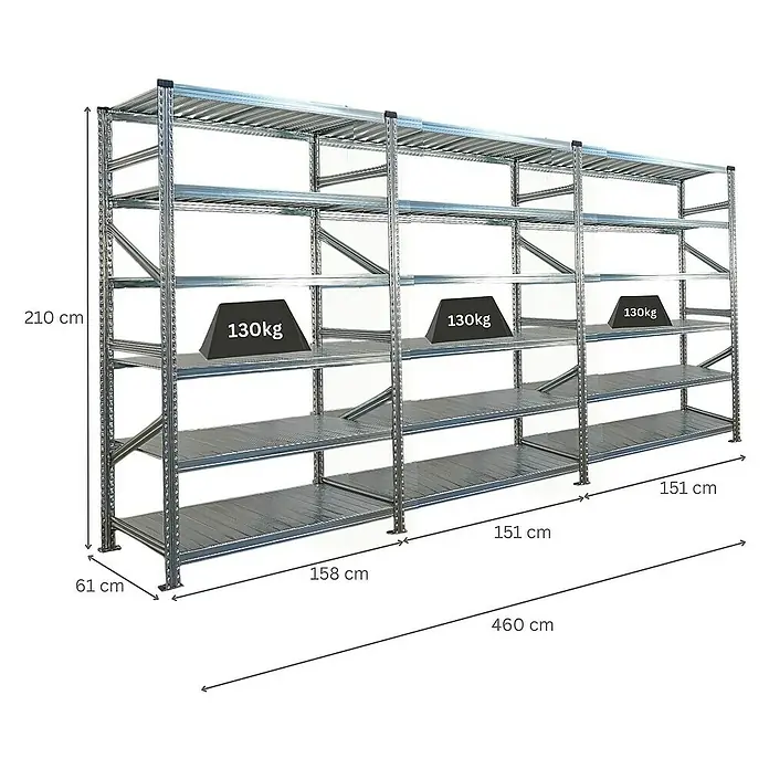 Proregal Metallregal Fachbodenregal PROXIMO 1x Grundregal + 2x Anbauregal - Traglast pro Boden: 200 kg, Anzahl Böden: 6 Stk., Stecken, Verzinkt - Ansicht eines Regalsystems mit mehreren Ebenen und Gewichtsangaben, das die Tragfähigkeit der einzelnen Fächer verdeutlicht.