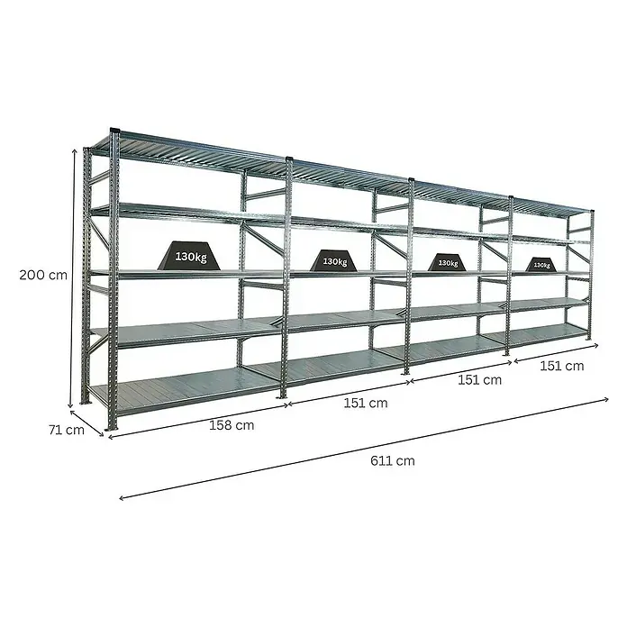 Proregal Metallregal Fachbodenregal PROXIMO 1x Grundregal + 3x Anbauregal - Traglast pro Boden: 130 kg, Anzahl Böden: 5 Stk., Stecken, Verzinkt - Abbildung eines Schwerlastregals mit mehreren Ebenen und Gewichtsangaben zur Demonstration der Tragfähigkeit.