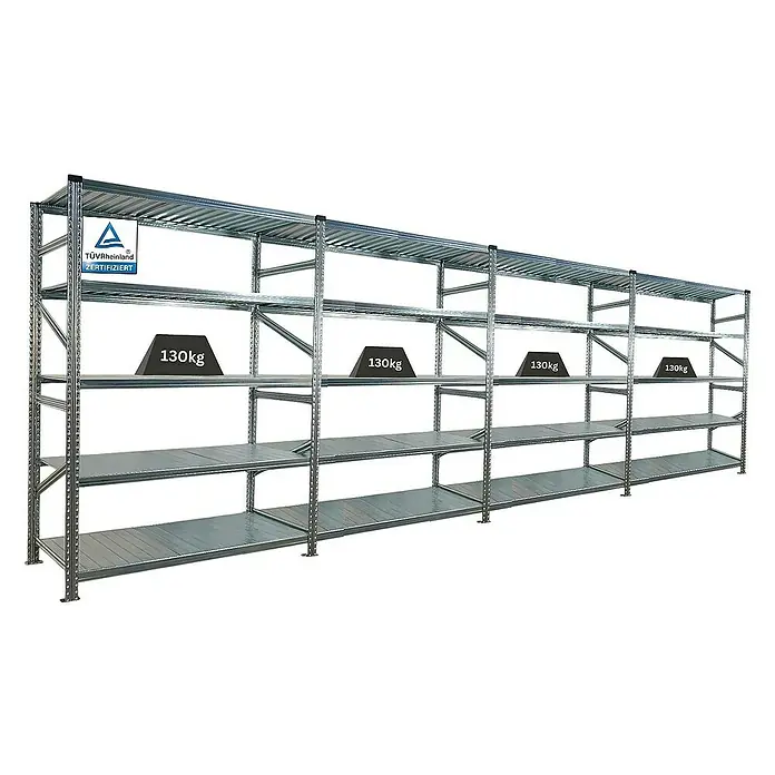 Proregal Metallregal Fachbodenregal PROXIMO 1x Grundregal + 3x Anbauregal - Traglast pro Boden: 130 kg, Anzahl Böden: 5 Stk., Stecken, Verzinkt - Das Bild zeigt ein graues Schwerlastregal mit vier Ebenen, auf denen jeweils 130 kg Gewicht platziert sind, und ein TÜV Rheinland Zertifikat.