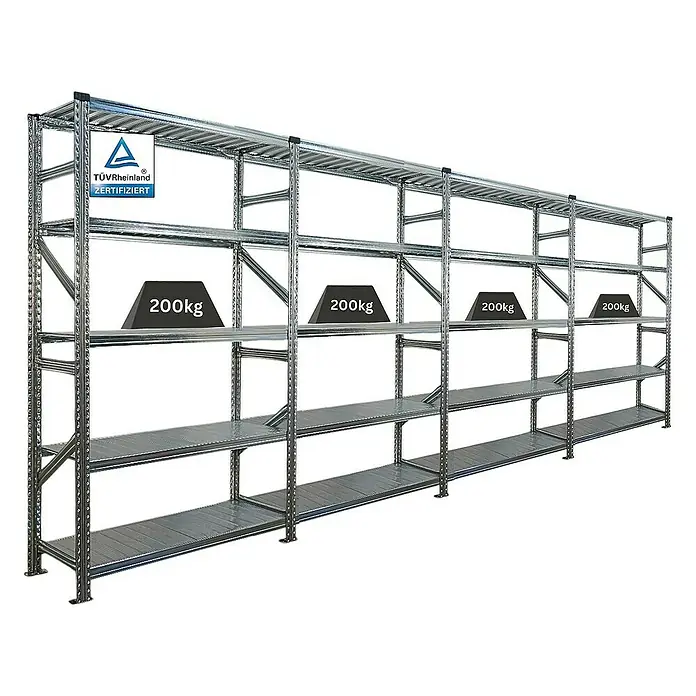Proregal Metallregal Fachbodenregal PROXIMO 1x Grundregal + 3x Anbauregal - H x B x T: 200 x 480 x 40 cm, Traglast pro Boden: 200 kg, Anzahl Böden: 5 Stk., Stecken, Verzinkt - Bild eines robusten Metallregals mit mehreren Ebenen und Gewichtsangaben, zertifiziert durch TÜV Rheinland.