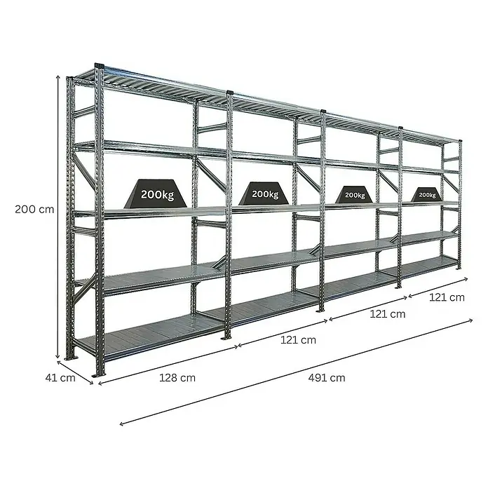 Proregal Metallregal Fachbodenregal PROXIMO 1x Grundregal + 3x Anbauregal - H x B x T: 200 x 480 x 40 cm, Traglast pro Boden: 200 kg, Anzahl Böden: 5 Stk., Stecken, Verzinkt - Bild eines Schwerlastregals mit Abmessungen und Gewichtsangaben.