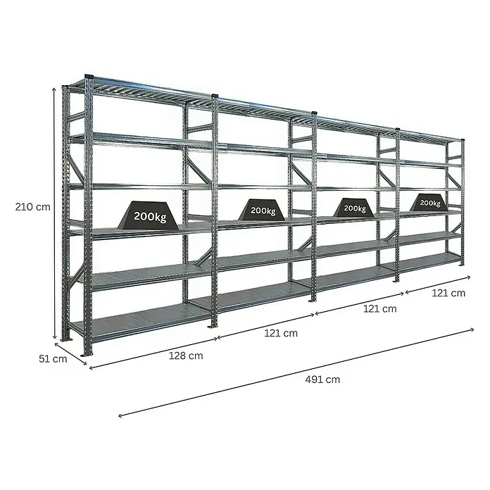 Proregal Metallregal Fachbodenregal PROXIMO 1x Grundregal + 3x Anbauregal - Traglast pro Boden: 200 kg, Anzahl Böden: 6 Stk., Stecken, Verzinkt - Abbildung eines Schwerlastregals mit mehreren Ebenen, die jeweils mit einem Gewicht von 200 kg belastet sind, zur Illustration der Tragfähigkeit.