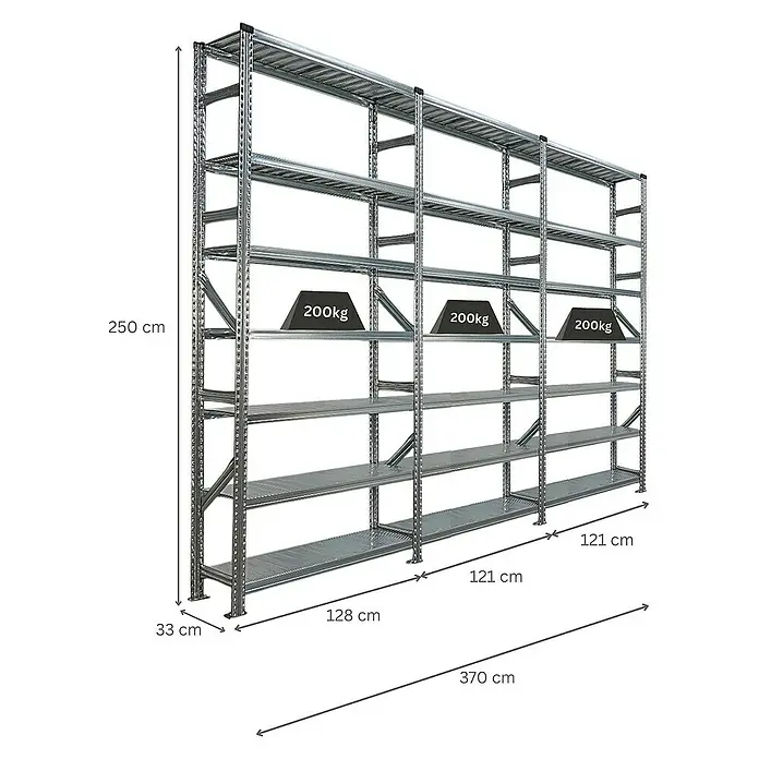 Proregal Metallregal Fachbodenregal PROXIMO 1x Grundregal + 2x Anbauregal - Traglast pro Boden: 200 kg, Anzahl Böden: 7 Stk., Stecken, Verzinkt - Ein silbernes Schwerlastregal mit mehreren Regalebenen und Gewichtsangaben.