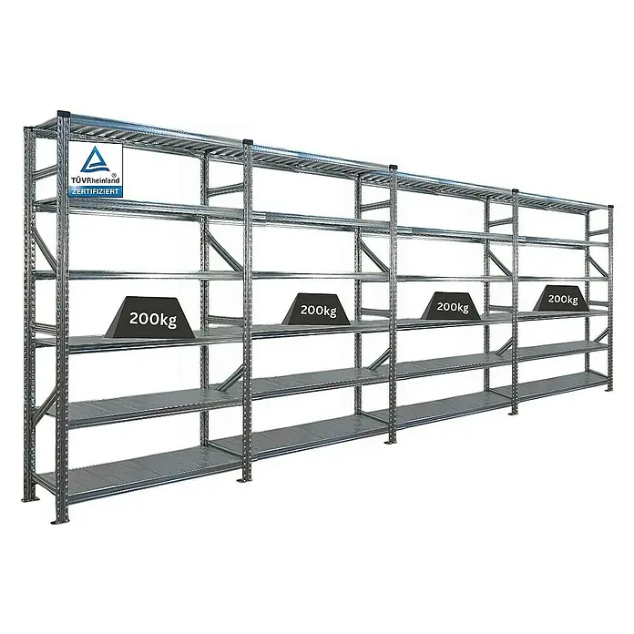Proregal Metallregal Fachbodenregal PROXIMO 1x Grundregal + 3x Anbauregal - Traglast pro Boden: 200 kg, Anzahl Böden: 6 Stk., Stecken, Verzinkt - Metallregal mit mehreren Ebenen, jede Ebene ist mit 200kg Gewichten belastet und TÜV-Rheinland zertifiziert.
