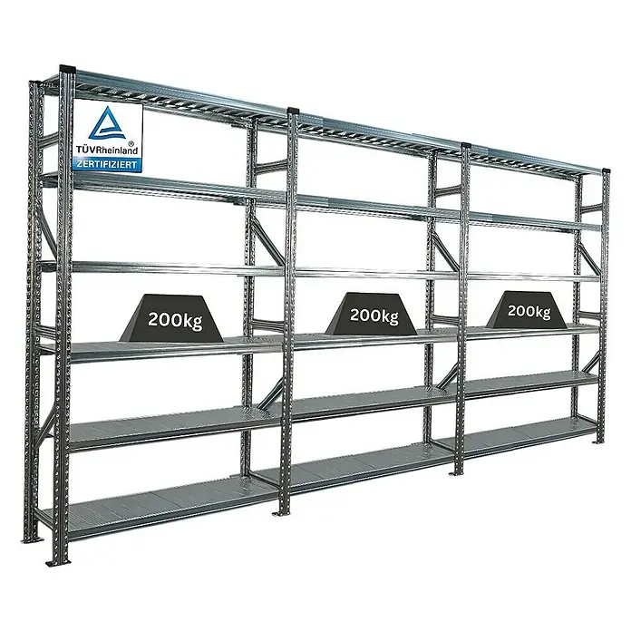 Proregal Metallregal Fachbodenregal PROXIMO 1x Grundregal + 2x Anbauregal - Traglast pro Boden: 200 kg, Anzahl Böden: 6 Stk., Stecken, Verzinkt - Regalsystem mit Gewichten.
