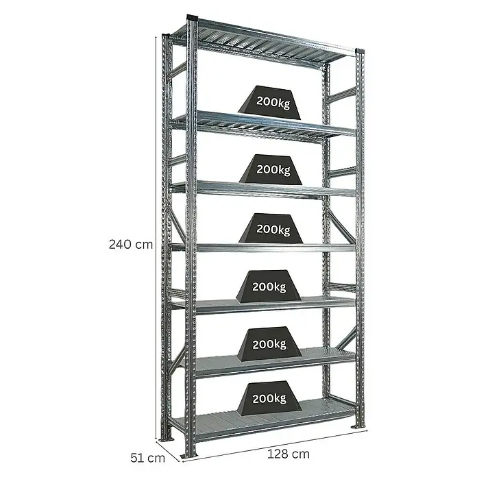 Proregal Metallregal Fachbodenregal PROXIMO Grundregal - H x B x T: 240 x 120 x 50 cm, Traglast pro Boden: 200 kg, Anzahl Böden: 7 Stk., Stecken, Verzinkt - Das Bild zeigt ein Schwerlastregal mit mehreren Regalböden, die jeweils mit 200 kg belastet sind. Die Abmessungen sind 240 cm hoch, 128 cm breit und 51 cm tief.