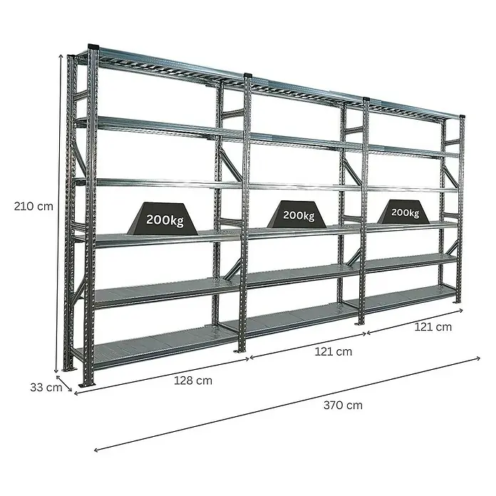 Proregal Metallregal Fachbodenregal PROXIMO 1x Grundregal + 2x Anbauregal - Traglast pro Boden: 200 kg, Anzahl Böden: 6 Stk., Stecken, Verzinkt - Ein Bild von einem Lagerregal mit mehreren Ebenen und Gewichtsangaben in Zentimetern und Kilogramm.