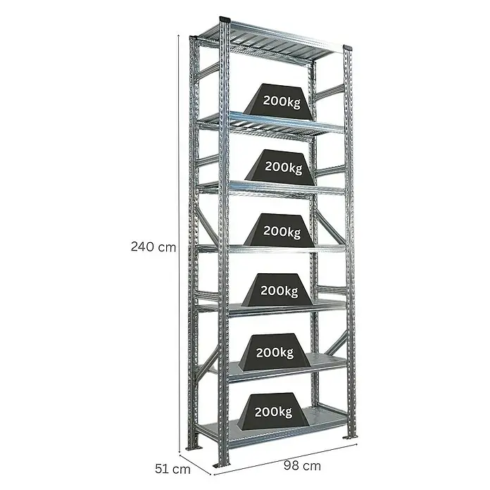 Proregal Metallregal Fachbodenregal PROXIMO Grundregal - H x B x T: 240 x 90 x 50 cm, Traglast pro Boden: 200 kg, Anzahl Böden: 7 Stk., Stecken, Verzinkt - Abbildung eines hochbelastbaren Metallregals mit sechs Ablagen, jede beladen mit 200 kg Gewichten. Die Abmessungen sind 240 cm Höhe, 98 cm Breite und 51 cm Tiefe.