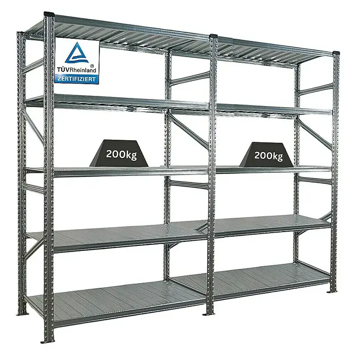 Proregal Metallregal Fachbodenregal PROXIMO 1x Grundregal + 1x Anbauregal - Traglast pro Boden: 200 kg, Anzahl Böden: 5 Stk., Stecken, Verzinkt - Metallregal mit vier Ebenen, zertifiziert von TÜV Rheinland, mit Gewichtsangabe 200kg.