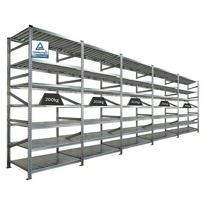 Proregal Metallregal Fachbodenregal PROXIMO 1x Grundregal + 4x Anbauregal - H x B x T: 240 x 120 x 60 cm, Traglast pro Boden: 200 kg, Anzahl Böden: 7 Stk., Stecken, Verzinkt - Schwerlastregal mit mehreren Ebenen und hoher Traglast für Lagerung und Organisation.